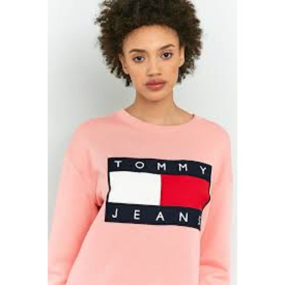 Tommy Jeans Pink Logo Sweatshirt Dress Y2K Streetwear Retro Cozy Mini Size XL